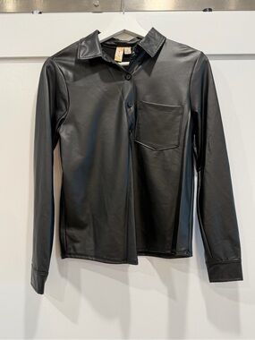 MISIA Women’s Black Faux Leather Button Down Shirt Blouse Long Sleeve Size S